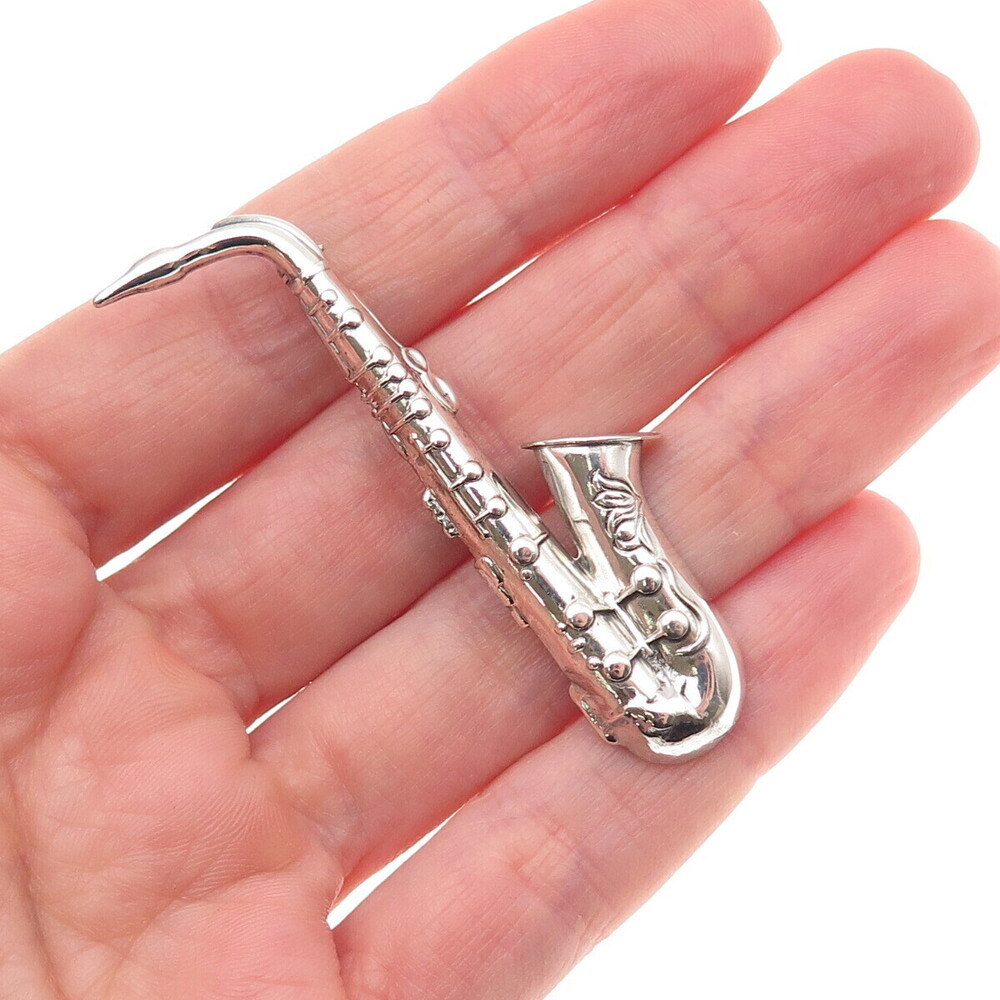 Beau 925 Sterling Silver Antique Art Deco Saxophone Oxidized Pin Brooch